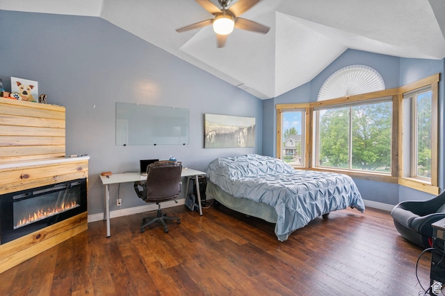 3470 W Maynard Ct, Riverton, UT 84065 - bedroom with wood finished floors, baseboards, ceiling fan, a glass covered fireplace, and vaulted ceiling
