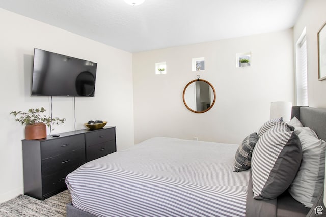bedroom with light colored carpet