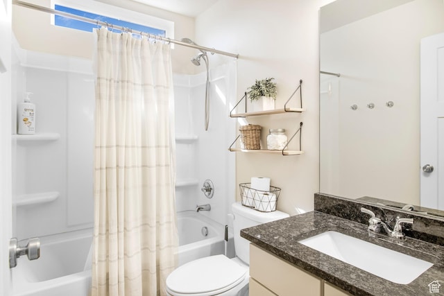 bathroom with vanity, toilet, and shower / bathtub combination with curtain