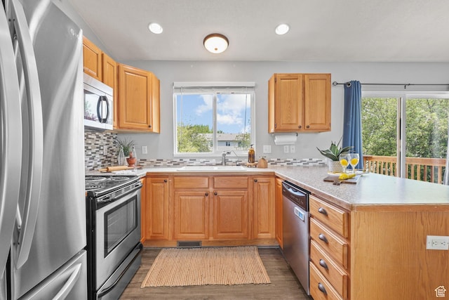 kitchen featuring dark wood-style flooring, a sink, a peninsula, light countertops, and appliances with stainless steel finishes