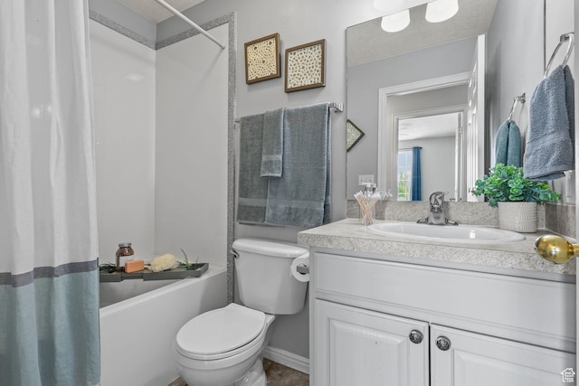 bathroom featuring vanity, toilet, and shower / bath combination with curtain