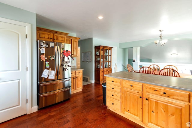 kitchen featuring freestanding refrigerator, recessed lighting, baseboards, dark wood finished floors, and an inviting chandelier