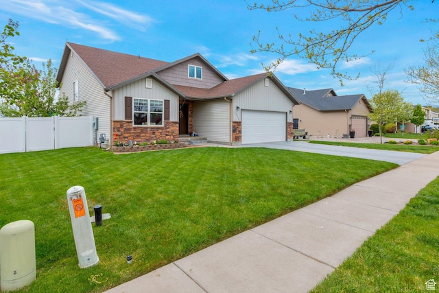 craftsman house with driveway, fence, an attached garage, stone siding, and a front lawn