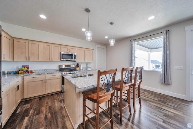 2882 S Allison Way W, Syracuse, UT 84075 - kitchen with appliances with stainless steel finishes, light brown cabinetry, a sink, dark wood-style flooring, and recessed lighting