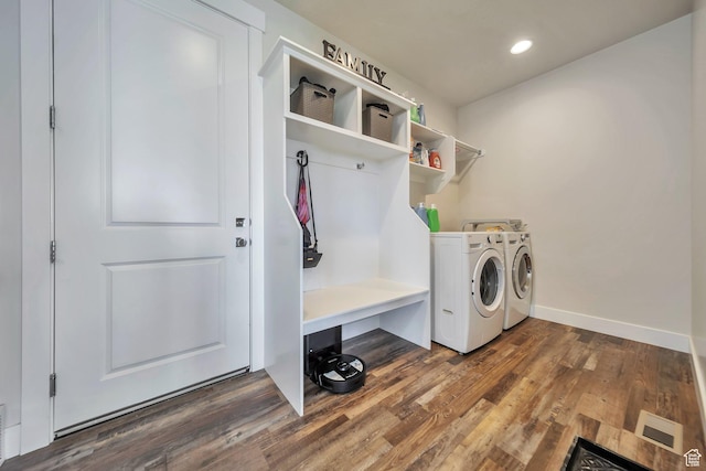 2882 S Allison Way W, Syracuse, UT 84075 - washroom featuring washer and clothes dryer, recessed lighting, wood finished floors, and baseboards