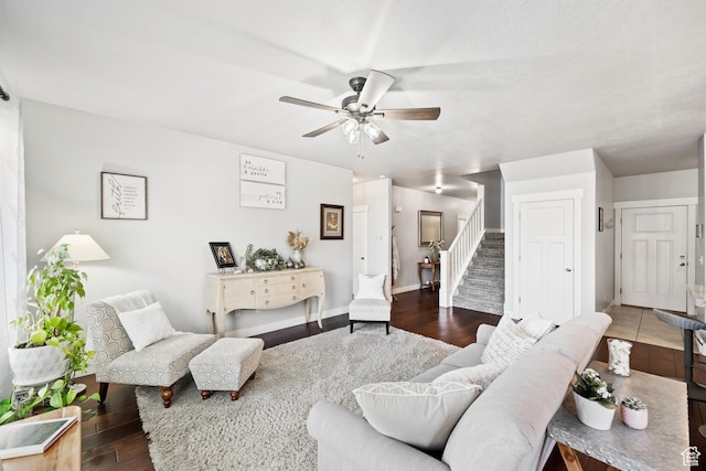 1559 W 430 N, Lindon, UT 84042 - living area with wood finished floors, baseboards, ceiling fan, and stairs