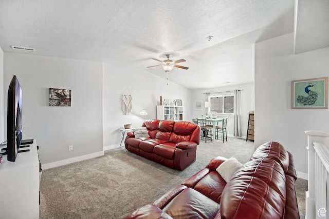 1559 W 430 N, Lindon, UT 84042 - living room featuring a textured ceiling, carpet flooring, a ceiling fan, and visible vents
