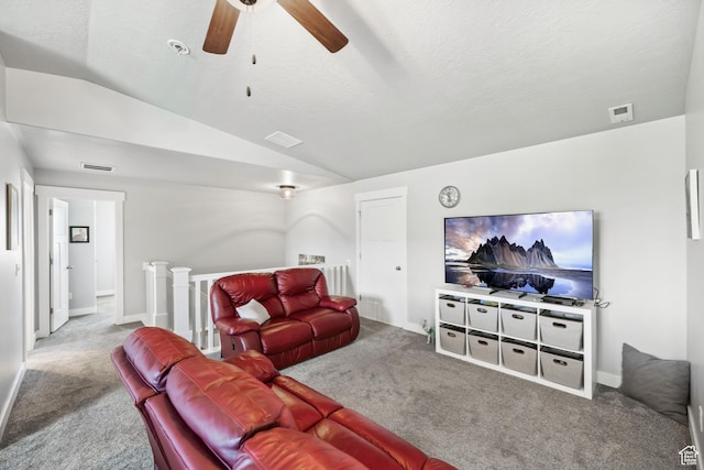 1559 W 430 N, Lindon, UT 84042 - carpeted living area with lofted ceiling, ceiling fan, baseboards, and visible vents