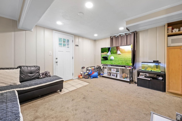 173 W 300 N, Bountiful, UT 84010 - carpeted living room with recessed lighting, a decorative wall, and crown molding