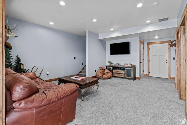 1504 N Sculpin Loop, Garden City, UT 84028 - living area with stairs, carpet flooring, visible vents, and recessed lighting