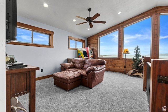 1504 N Sculpin Loop, Garden City, UT 84028 - living room with carpet, a ceiling fan, lofted ceiling, and recessed lighting