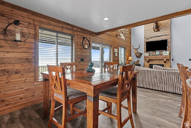 1504 N Sculpin Loop, Garden City, UT 84028 - dining space featuring wooden walls, a fireplace, and wood finished floors