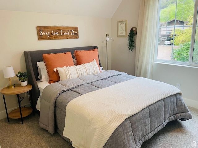 carpeted bedroom featuring lofted ceiling