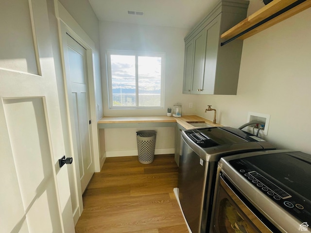 laundry area with light wood-style flooring, visible vents, a sink, washer and clothes dryer, and cabinet space