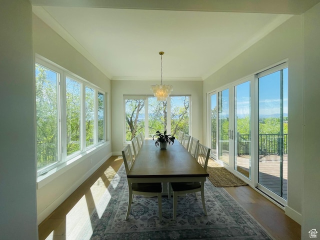 sunroom / solarium with french doors, wood finished floors, crown molding, baseboards, and a chandelier