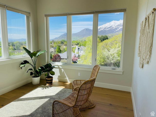 sunroom with a mountain view, baseboards, and wood finished floors