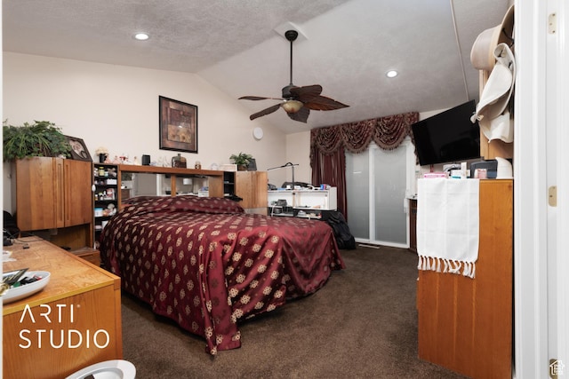 carpeted bedroom featuring a textured ceiling, a ceiling fan, lofted ceiling, and recessed lighting