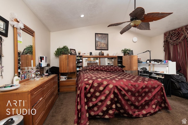 carpeted bedroom with vaulted ceiling