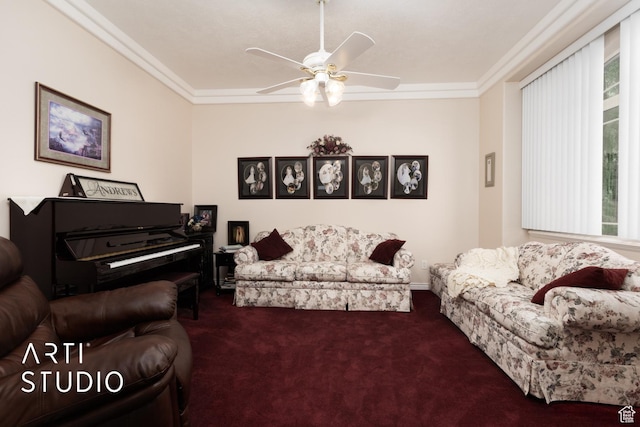 living area featuring a ceiling fan, carpet flooring, crown molding, and plenty of natural light