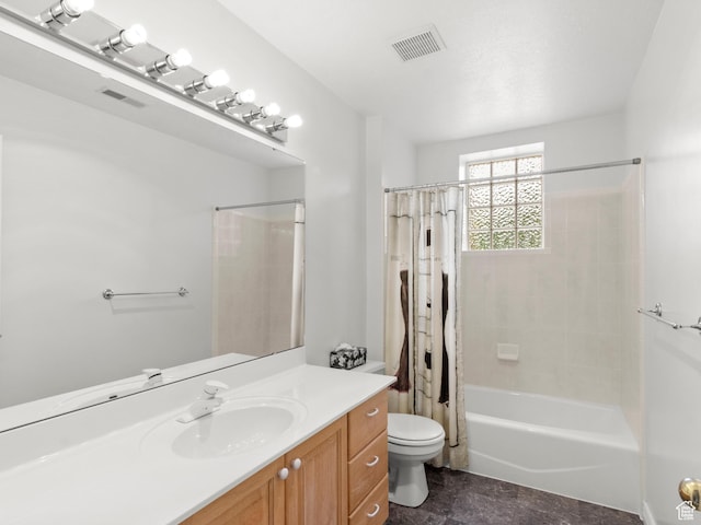 full bath featuring toilet, vanity, and shower / bathtub combination with curtain