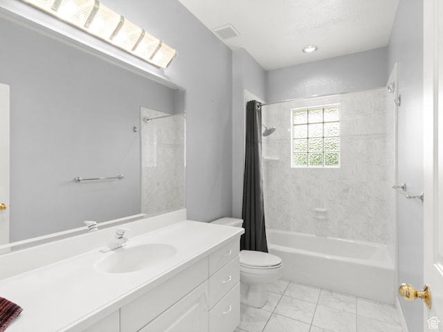 bathroom with shower / bathtub combination with curtain, marble finish floors, toilet, and vanity