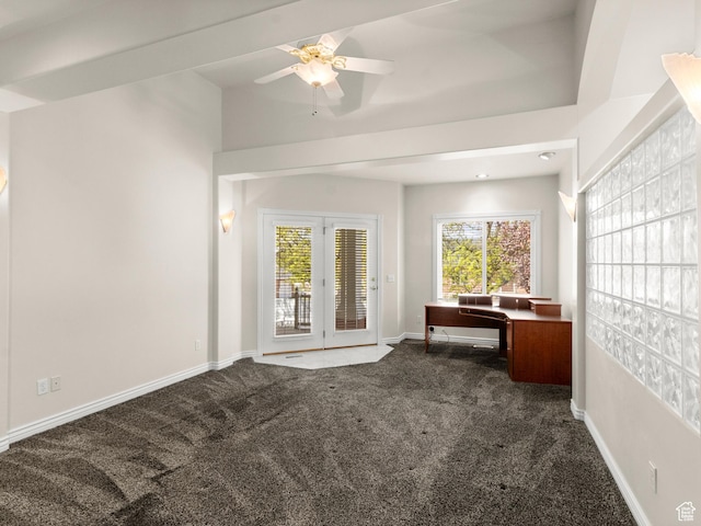 living area with carpet, a ceiling fan, baseboards, and french doors