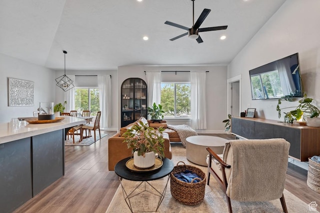 151 N 410th St S, Vineyard, UT 84059 - living room featuring vaulted ceiling, light wood-type flooring, recessed lighting, a ceiling fan, and baseboards
