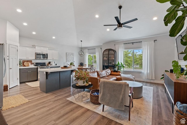 151 N 410th St S, Vineyard, UT 84059 - living area featuring ceiling fan, recessed lighting, light wood-type flooring, and baseboards