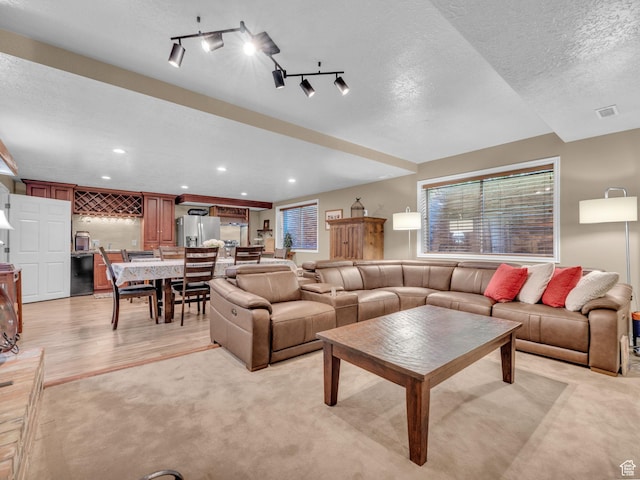 4760 S Meadow Creek Ln E, Ogden, UT 84403 - living area with light colored carpet, a textured ceiling, and recessed lighting