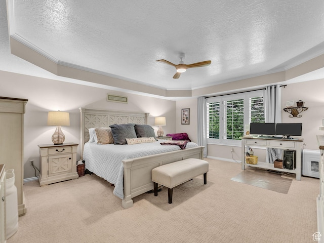 4760 S Meadow Creek Ln E, Ogden, UT 84403 - bedroom featuring light colored carpet, a textured ceiling, baseboards, ceiling fan, and ornamental molding
