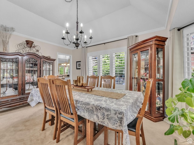 4760 S Meadow Creek Ln E, Ogden, UT 84403 - dining area featuring a chandelier, light colored carpet, lofted ceiling, and ornamental molding