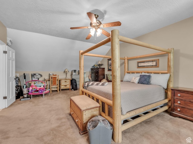 4760 S Meadow Creek Ln E, Ogden, UT 84403 - bedroom featuring light carpet, ceiling fan, lofted ceiling, and a textured ceiling