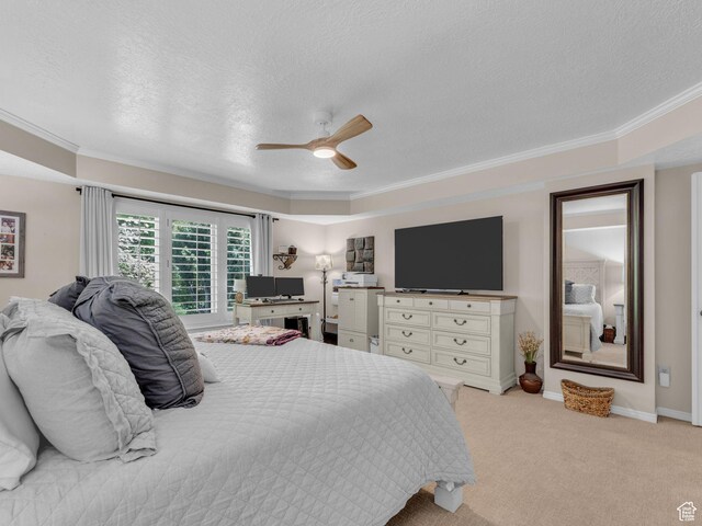 4760 S Meadow Creek Ln E, Ogden, UT 84403 - bedroom featuring a textured ceiling, crown molding, light carpet, baseboards, and a ceiling fan