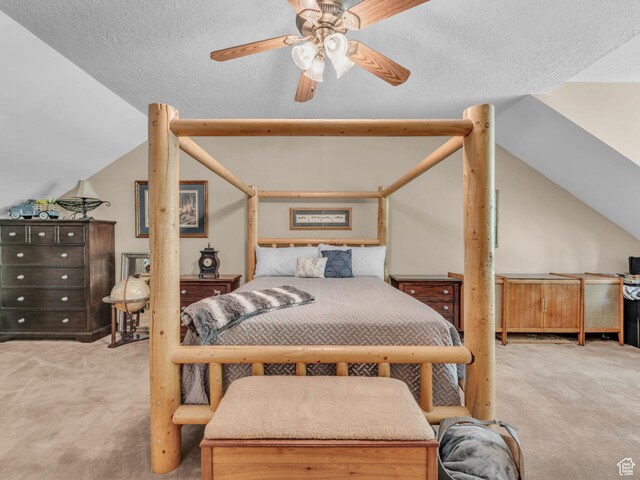4760 S Meadow Creek Ln E, Ogden, UT 84403 - bedroom featuring carpet flooring, lofted ceiling, ceiling fan, and a textured ceiling