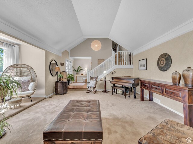 4760 S Meadow Creek Ln E, Ogden, UT 84403 - living room featuring carpet, stairway, baseboards, vaulted ceiling, and ornamental molding