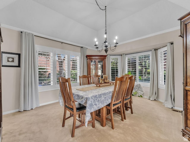 4760 S Meadow Creek Ln E, Ogden, UT 84403 - dining space with a chandelier, crown molding, light carpet, baseboards, and lofted ceiling