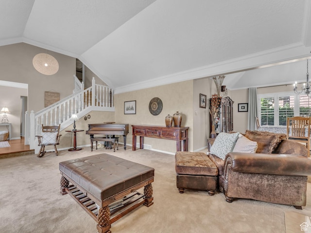4760 S Meadow Creek Ln E, Ogden, UT 84403 - living room featuring stairs, lofted ceiling, carpet, crown molding, and a chandelier