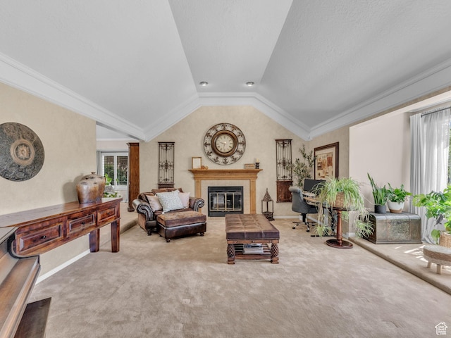 4760 S Meadow Creek Ln E, Ogden, UT 84403 - living area with carpet flooring, a fireplace, lofted ceiling, crown molding, and baseboards