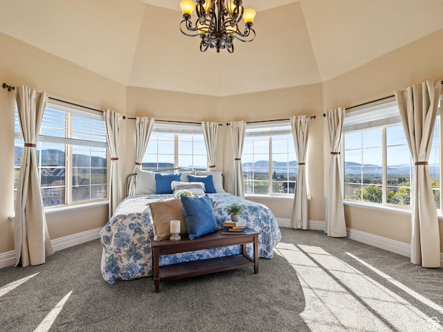 bedroom with a chandelier, carpet flooring, baseboards, multiple windows, and high vaulted ceiling