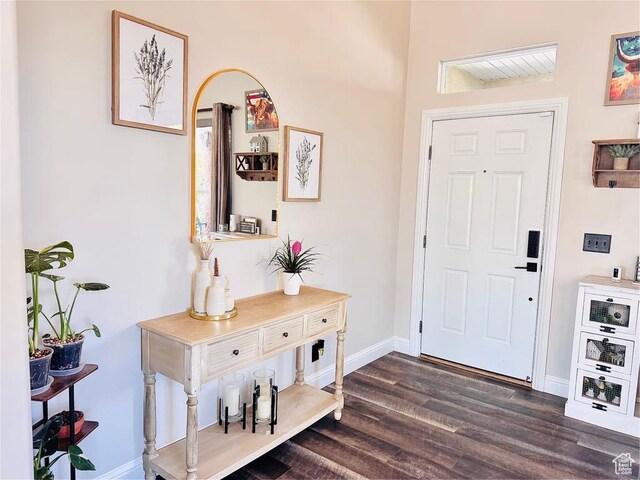 foyer with dark wood-type flooring and baseboards