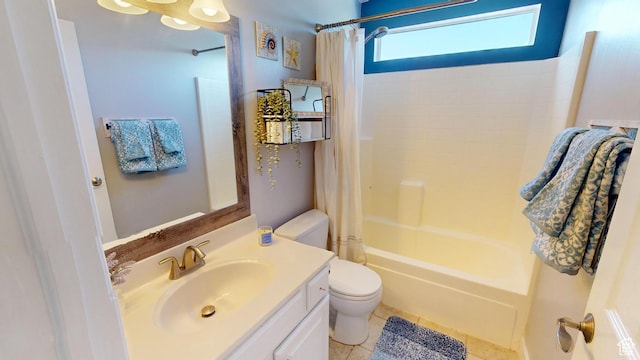 full bathroom featuring toilet, vanity, shower / tub combo with curtain, and tile patterned floors