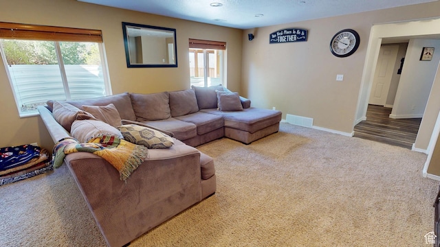 living area featuring plenty of natural light, baseboards, and carpet flooring