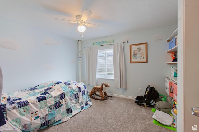 bedroom featuring carpet, a ceiling fan, and baseboards