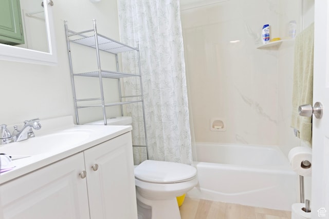 full bath with toilet, shower / bath combo, vanity, and wood finished floors