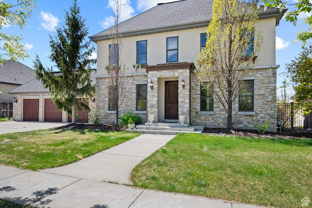 view of front of property featuring stucco siding, stone siding, a garage, and concrete driveway