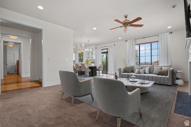 5047 N Larkwood Ln, Lehi, UT 84043 - living area featuring ceiling fan, recessed lighting, a chandelier, and light colored carpet