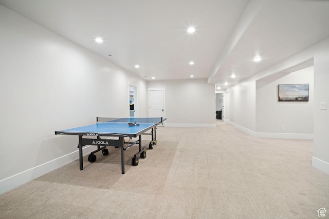 rec room with light colored carpet, baseboards, and recessed lighting