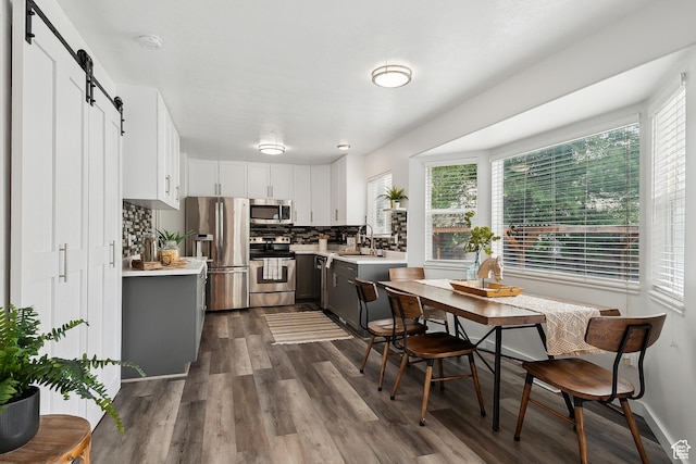 kitchen featuring appliances with stainless steel finishes, a barn door, a sink, and light countertops