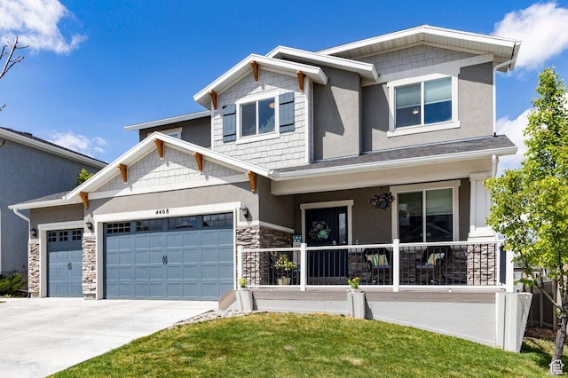 4468 W Meadow Bend Dr S, Herriman, UT 84096 - craftsman inspired home with a porch, concrete driveway, stone siding, an attached garage, and stucco siding