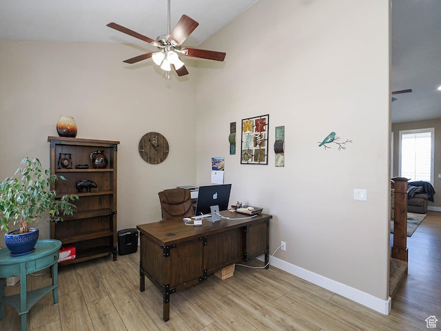 7503 S Bridge Maple Ln, West Jordan, UT 84081 - office area with ceiling fan, light wood-style floors, baseboards, and high vaulted ceiling